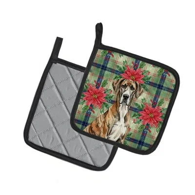 Caroline's Treasures Brindle Great Dane Christmas Poinsettas Pair Of Pot Holders In Multicolor