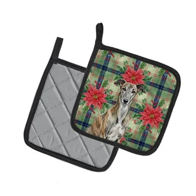 Caroline's Treasures Brindle Greyhound Christmas Poinsettas Pair Of Pot Holders In Multi