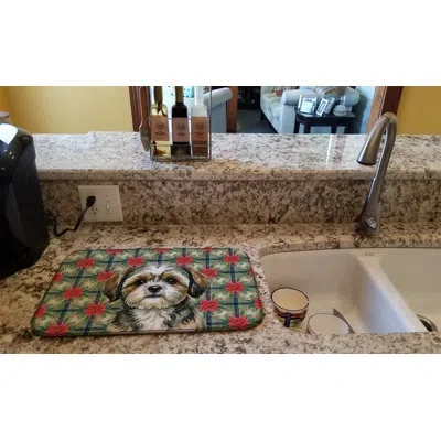 Caroline's Treasures Brindle Shih Tzu Christmas Poinsettias Dish Drying Mat In Natural