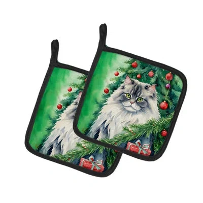 Caroline's Treasures British Longhair Cat By The Christmas Tree Pair Of Pot Holders In Multicolor