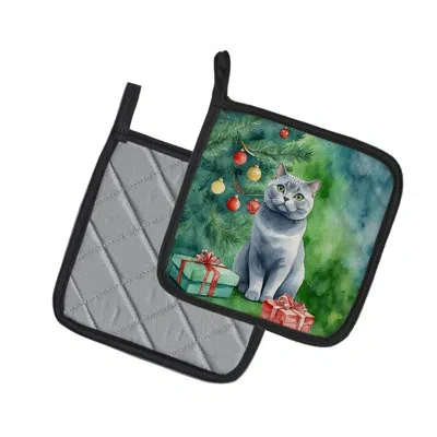 Caroline's Treasures British Shorthair Cat By The Christmas Tree Pair Of Pot Holders In Multicolor