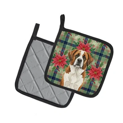 Caroline's Treasures Brown And White Saint Bernard Christmas Poinsettas Pair Of Pot Holders In Multi