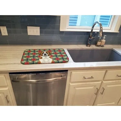 Caroline's Treasures Brown And White Saint Bernard Christmas Poinsettias Dish Drying Mat In Natural