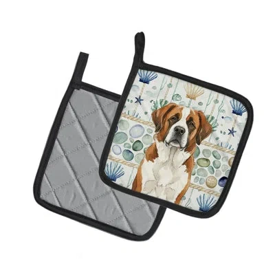 Caroline's Treasures Brown And White Saint Bernard Coastal Sea Glass Pair Of Pot Holders In Multicolor