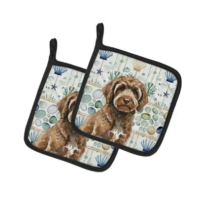 Caroline's Treasures Brown Portuguese Water Dog Coastal Sea Glass Pair Of Pot Holders In Multicolor