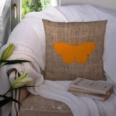 Caroline's Treasures Butterfly Graphic Print Burlap Mildew Resistant Indoor/outdoor Throw Pillow In Orange
