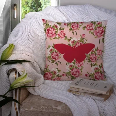 Caroline's Treasures Butterfly Shabby Elegance Pink Roses Floral 14" Throw Pillow