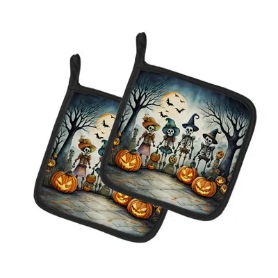 Caroline's Treasures Calacas Skeletons Spooky Halloween Pair Of Pot Holders In Multicolor