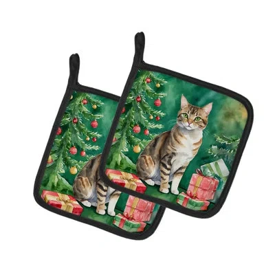 Caroline's Treasures California Spangled Cat By The Christmas Tree Pair Of Pot Holders In Multicolor