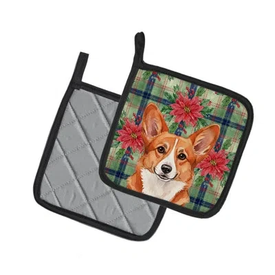 Caroline's Treasures Cardigan Welsh Corgi Christmas Poinsettas Pair Of Pot Holders In Multicolor