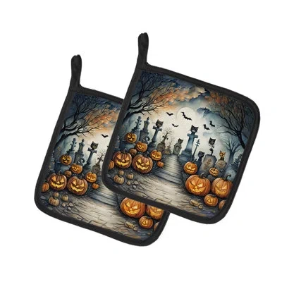 Caroline's Treasures Cat Cemetery Spooky Halloween Pair Of Pot Holders In Multicolor