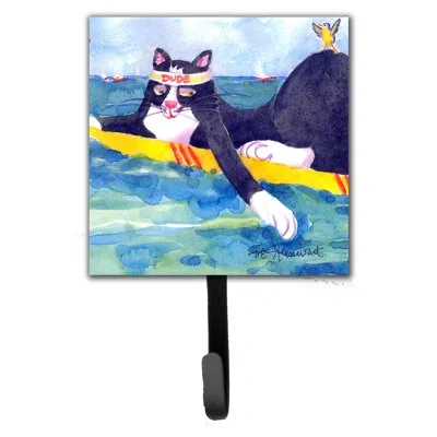 Caroline's Treasures Cat Surfin Bird Leash Holder And Wall Hook In Blue;black