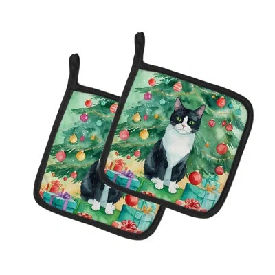 Caroline's Treasures Chantilly Tiffany Cat By The Christmas Tree Pair Of Pot Holders In Multicolor