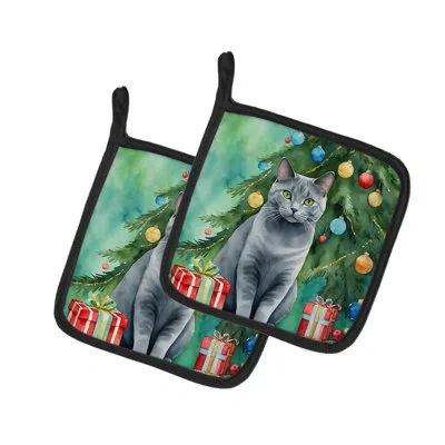 Caroline's Treasures Chartreux Cat By The Christmas Tree Pair Of Pot Holders In Multicolor