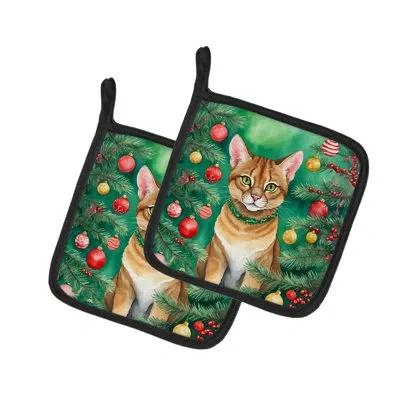 Caroline's Treasures Chausie Cat By The Christmas Tree Pair Of Pot Holders In Multicolor