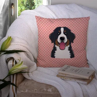 Caroline's Treasures Checkerboard Bernese Mountain Dog Indoor/outdoor Throw Pillow In Pink