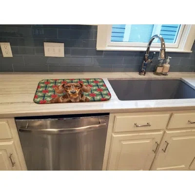 Caroline's Treasures Chocolate And Tan Dachshund Christmas Poinsettias Dish Drying Mat In Natural