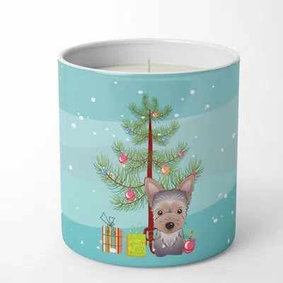 Caroline's Treasures Christmas Tree And Yorkie Puppy 10 oz Decorative Soy Candle In Brown;blue;green