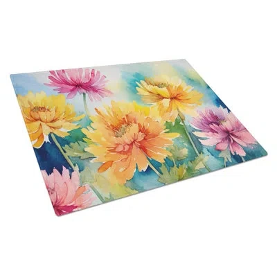 Caroline's Treasures Chrysanthemums In Watercolor Glass Cutting Board Large