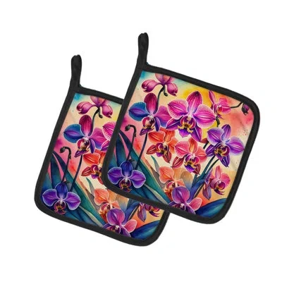 Caroline's Treasures Colorful Orchids Pair Of Pot Holders In Multicolor