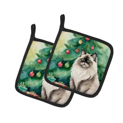 Caroline's Treasures Colorpoint Longhair Cat By The Christmas Tree Pair Of Pot Holders In Multicolor