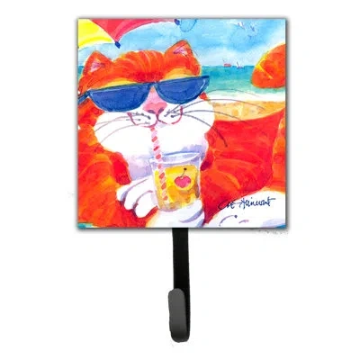Caroline's Treasures Cool Cat With Sunglasses At The Beach Leash Holder And Wall Hook In Blue;red