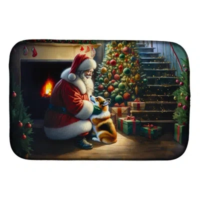 Caroline's Treasures Corgi And Santa Claus Dish Drying Mat In Natural