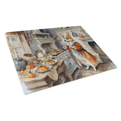 Caroline's Treasures Corgi Fall Kitchen Pumpkins Glass Cutting Board Large