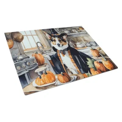 Caroline's Treasures Corgi Fall Kitchen Pumpkins Glass Cutting Board Large