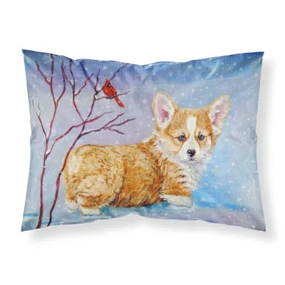 Caroline's Treasures Corgi Pup Snow Cardinal Pillowcase In Blue