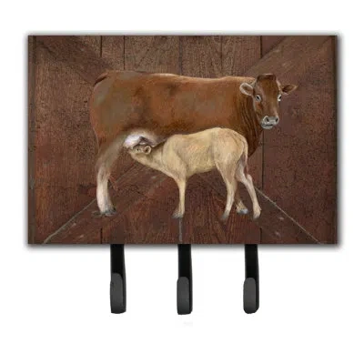 Caroline's Treasures Cow Momma And Baby Leash Holder And Key Hook In Brown