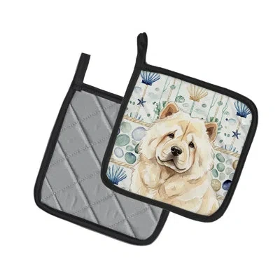 Caroline's Treasures Cream Chow Chow Coastal Sea Glass Pair Of Pot Holders In Multicolor