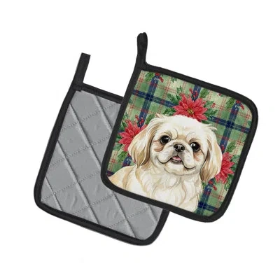 Caroline's Treasures Cream Pekingese Christmas Poinsettas Pair Of Pot Holders In Multicolor