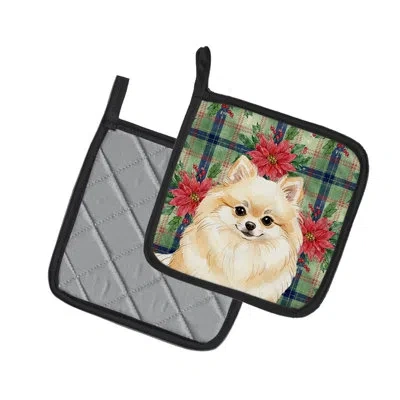 Caroline's Treasures Cream Pomeranian Christmas Poinsettas Pair Of Pot Holders In Multicolor