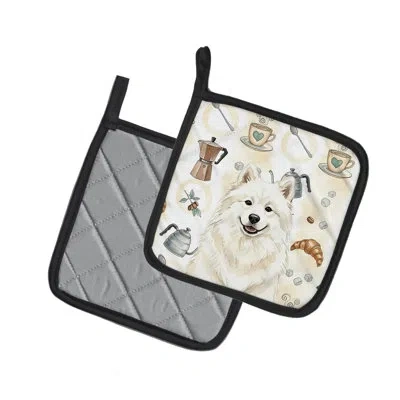 Caroline's Treasures Cream Samoyed Coffee Bar Pair Of Pot Holders In Multicolor