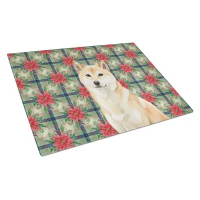 Caroline's Treasures Cream Shiba Inu Christmas Poinsettias Glass Cutting Board