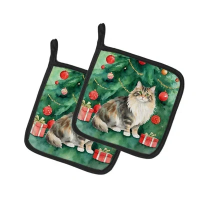 Caroline's Treasures Cymric Cat By The Christmas Tree Pair Of Pot Holders In Multicolor