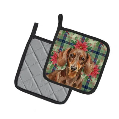 Caroline's Treasures Dachshund Christmas Poinsettas Pair Of Pot Holders In Chocolate,tan