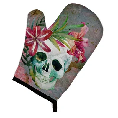 Caroline's Treasures Day Of The Dead Skull Flowers Oven Mitt In Green;pink;cream
