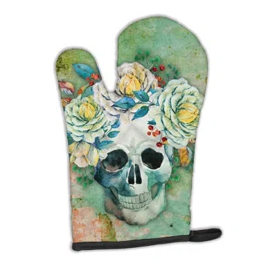 Caroline's Treasures Day Of The Dead Skull With Flowers Oven Mitt In Blue;aqua Green