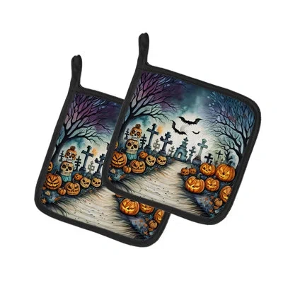 Caroline's Treasures Day Of The Dead Spooky Halloween Pair Of Pot Holders In Multicolor