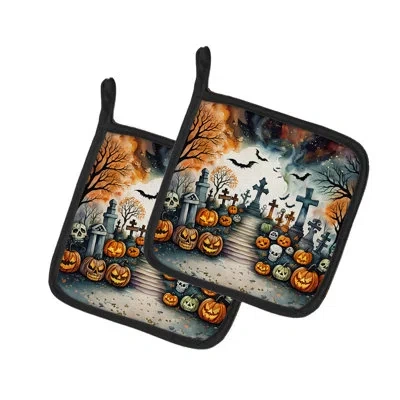 Caroline's Treasures Day Of The Dead Spooky Halloween Pair Of Pot Holders In Multicolor