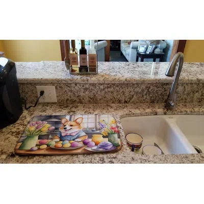 Caroline's Treasures Decorating Easter Corgi Dish Drying Mat In Natural