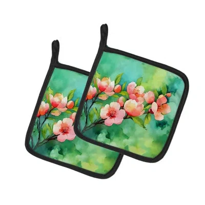 Caroline's Treasures Delaware Peach Blossom In Watercolor Pair Of Pot Holders In Green