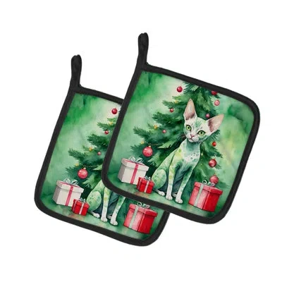 Caroline's Treasures Devon Rex Cat By The Christmas Tree Pair Of Pot Holders In Multicolor
