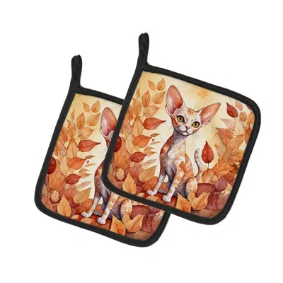 Caroline's Treasures Devon Rex Cat In Fall Leaves Pair Of Pot Holders In Multicolor