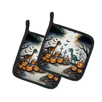 Caroline's Treasures Dinosaurs Spooky Halloween Pair Of Pot Holders In Multicolor