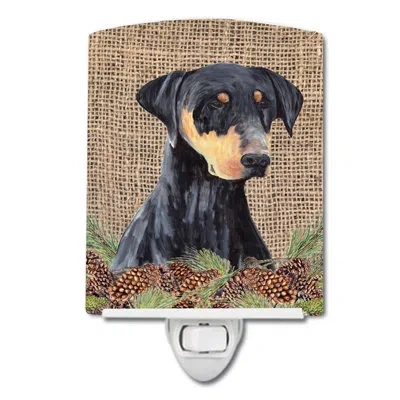 Caroline's Treasures Doberman Faux Burlap And Pine Cones Ceramic Night Light In Multicolor