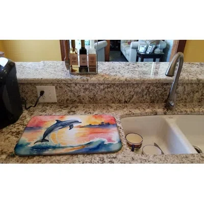 Caroline's Treasures Dolphin Leaping At Sunrise Dish Drying Mat In Natural