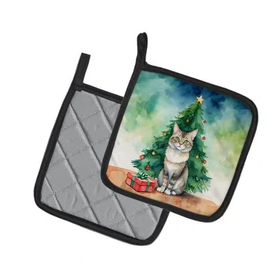 Caroline's Treasures Dwelf Cat By The Christmas Tree Pair Of Pot Holders In Multicolor